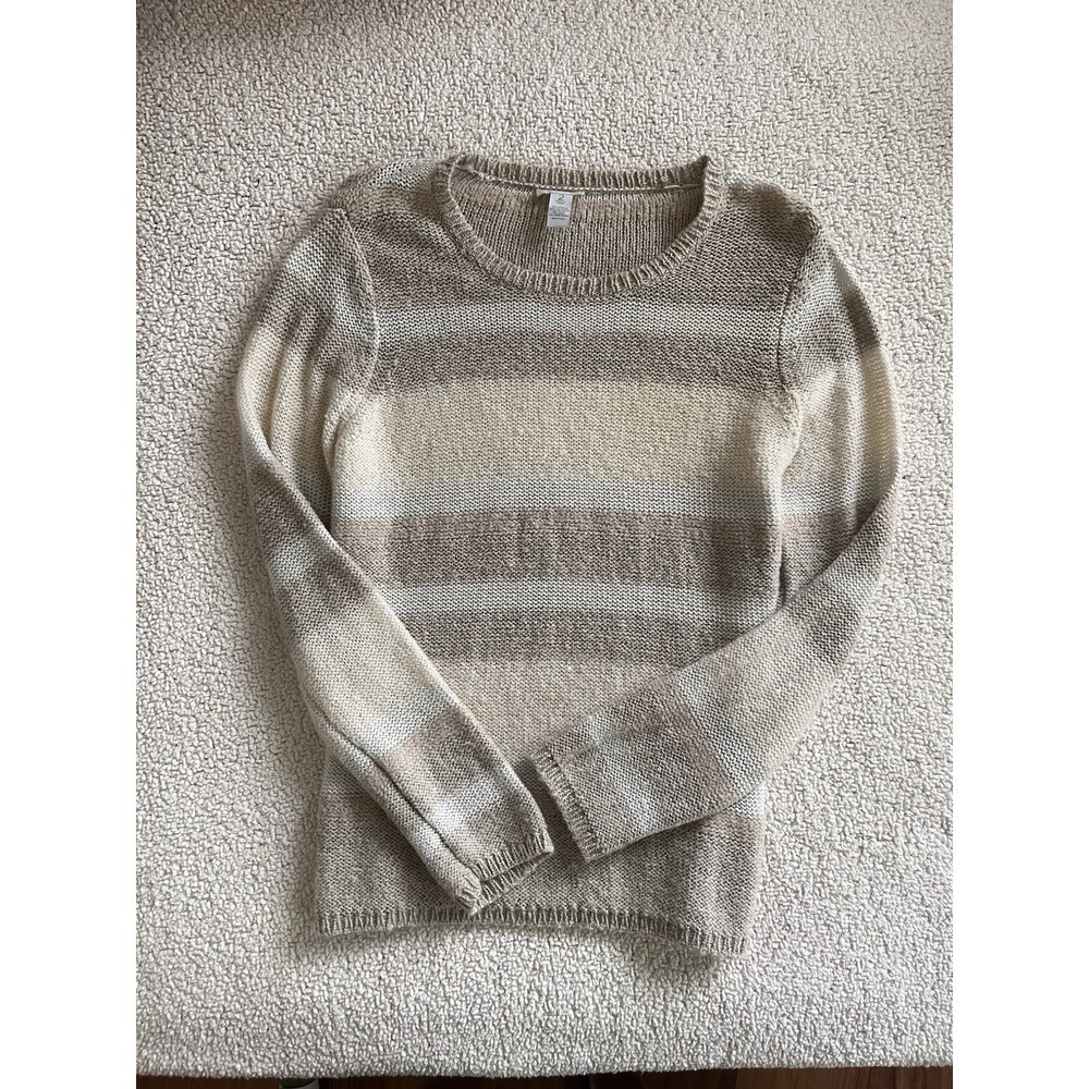 Chicos Striped Knit Earthy Tones Sweater Neutral Beige Cream Wool Blend Size 2 L